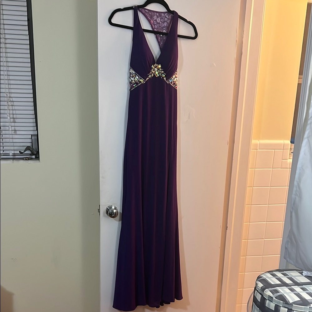 Purple Halter Embellished Backless Prom Gown